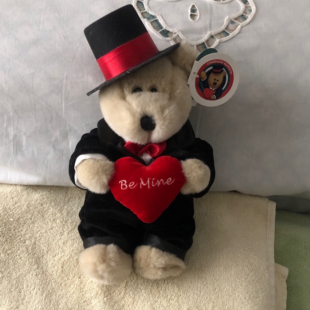 Starbucks Cream Plush Bear in Black Suit with Red Heart